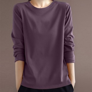 纯棉长袖T恤女2024春秋新款洋气中年妈妈宽松休T闲圆领打底衫上衣