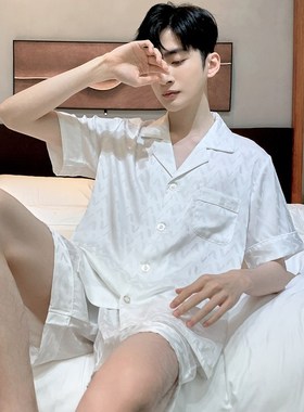 2024新款冰丝睡衣男士夏季短袖短裤薄款白色缎面丝调高级感套装男