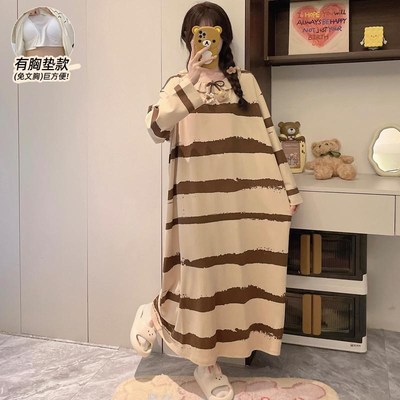 睡裙长版过膝长袖带胸垫纯棉睡衣女春夏可外穿卡通学生孕妇待产裙