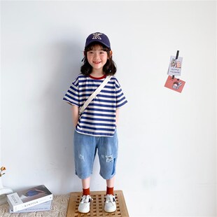 豆包君2023夏季韩版儿童软糯破洞牛仔中裤男女童个性百搭牛仔裤潮