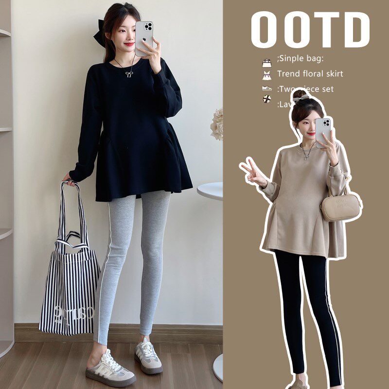 孕妇装秋a装时尚简约长袖上衣冬装加绒保暖卫衣秋冬装怀孕打底衫