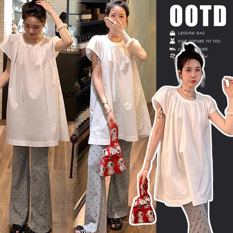 孕妇装春季套装2025新宽松圆领小飞袖K上衣波点靴裤春季两件套