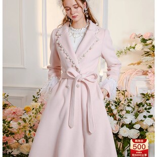 花儿开瞭2024冬新款双排扣翻领外套粉色修身中长款毛呢大衣女