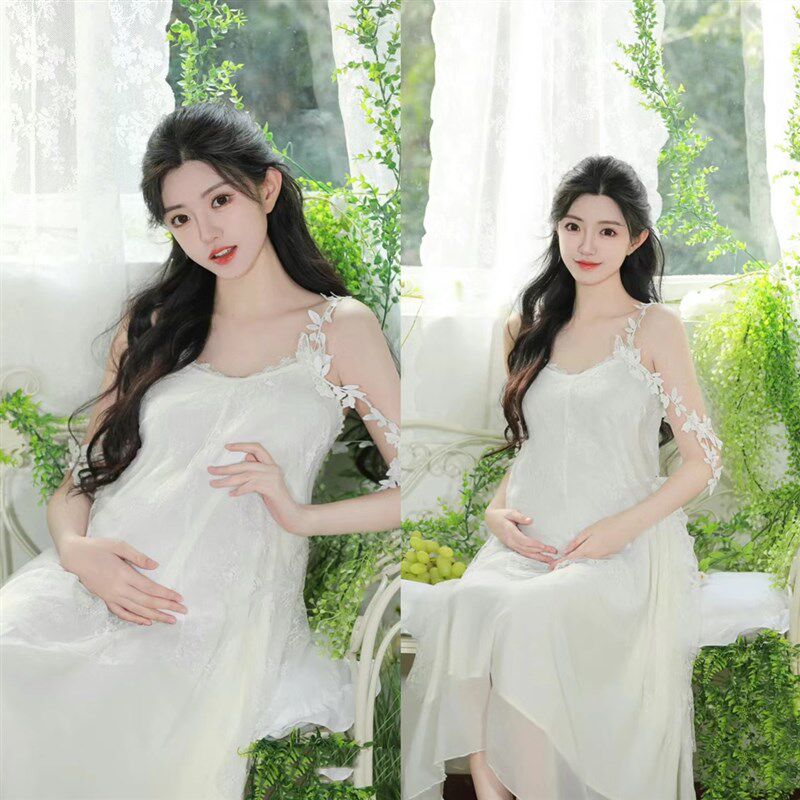 影楼新款孕妇照服装法式复古小y清新甜美白色连衣裙孕妈咪摄影服