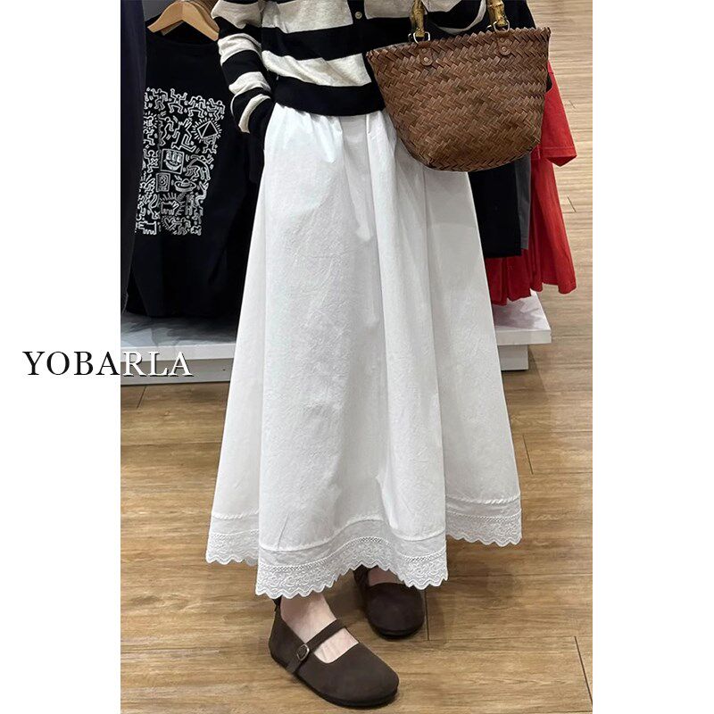 白色蕾丝花边半身裙女春季新款大码胖mm高腰遮肚显瘦中长款a字裙
