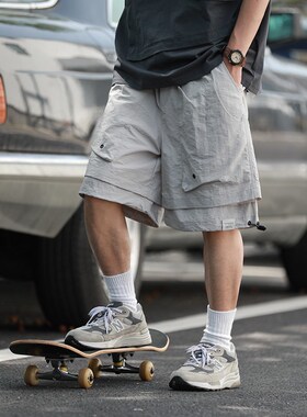 嘿马七作夏季新款美式复古男士重磅机能工装裤黑色宽松休闲短裤潮