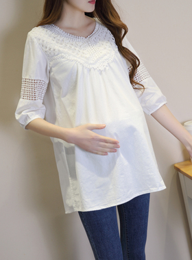 孕妇装T恤夏秋季2021新款韩版C时尚七分袖中长款百搭白色宽松上衣