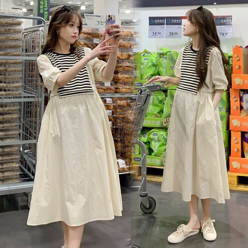 孕妇装小个子夏装连n衣裙夏款中长款上衣宽松拼接条纹裙子夏季长