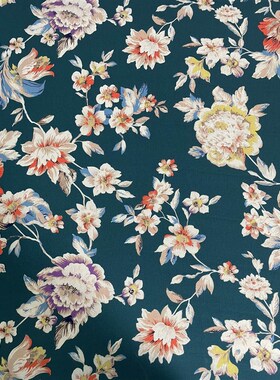 E340夏季深绿色底印花雪纺布头 柔软垂坠透气连衣裙大摆长裙面料