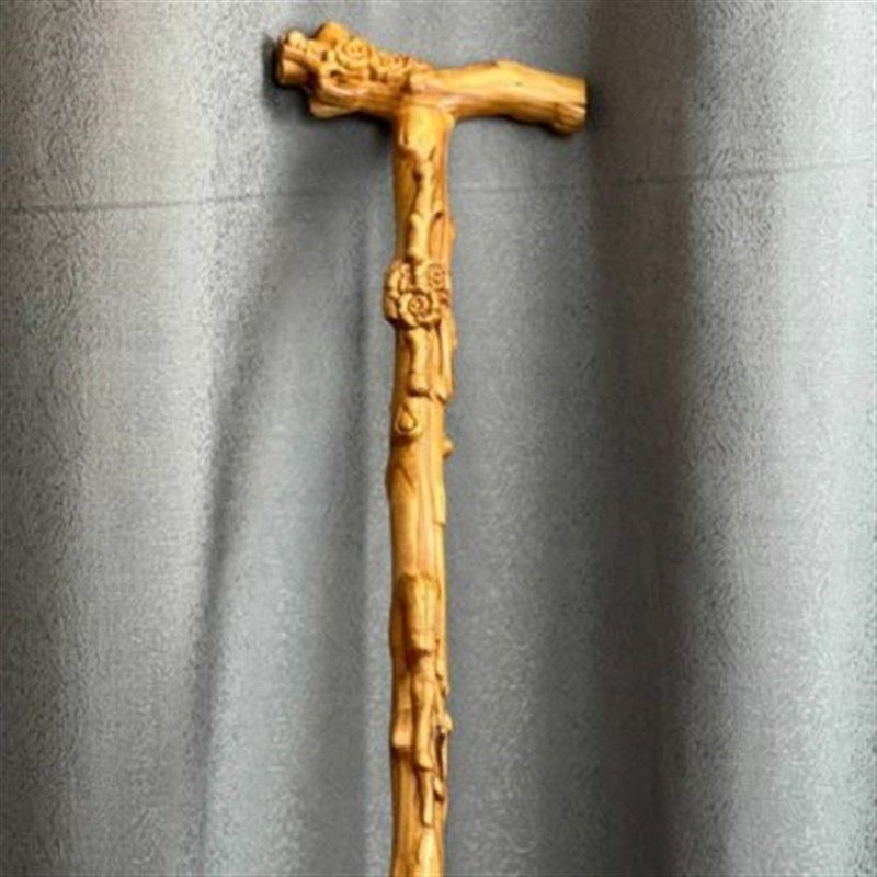 桃木龙头拐杖老人手杖防滑轻便木质拐棍实木雕刻新中式登山杖礼品