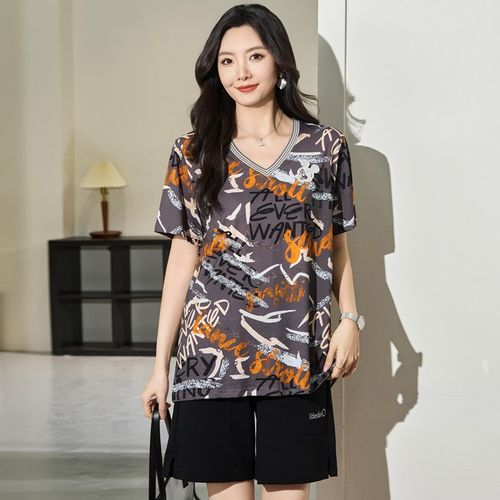 大码女装夏装胖妹妹百搭时尚休闲上衣200斤胖mm宽松显瘦V领T恤衫