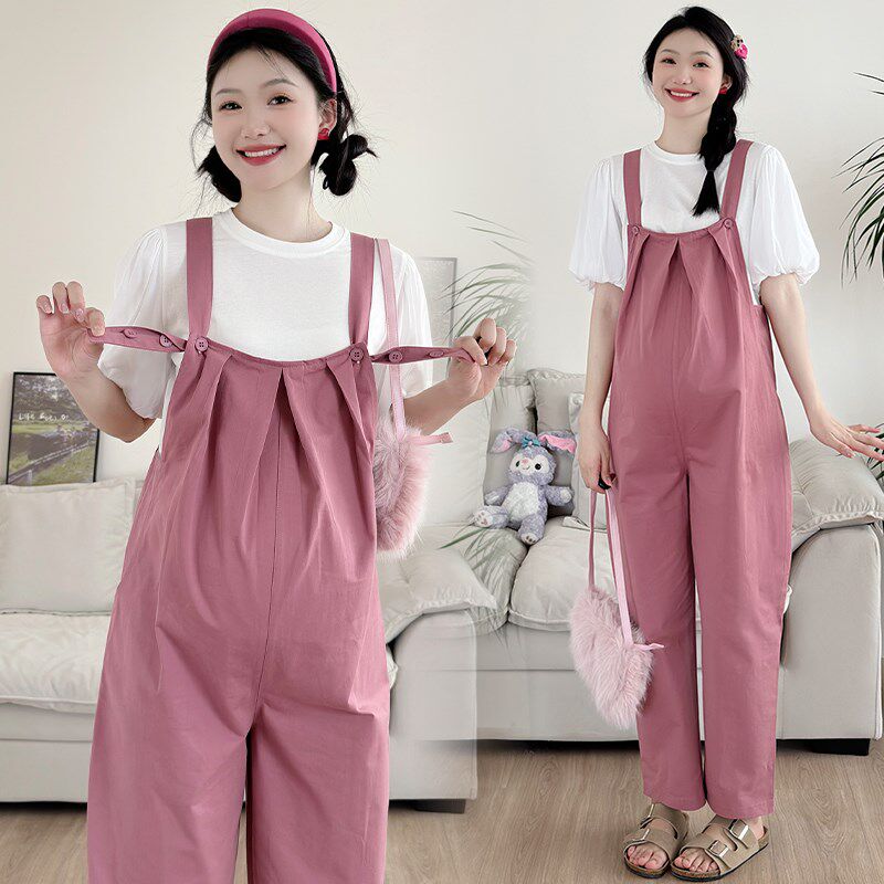 孕妇裤子夏季外穿棉麻背带裤宽松大码怀孕休闲裤夏装简约工装裤夏