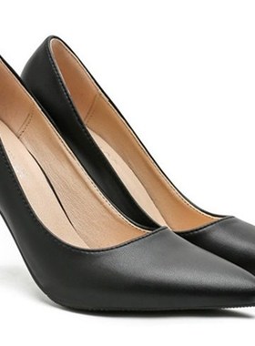 夏季女黑色细跟i中跟低跟职业羊皮高跟舒适皮鞋正装工鞋大码44 45