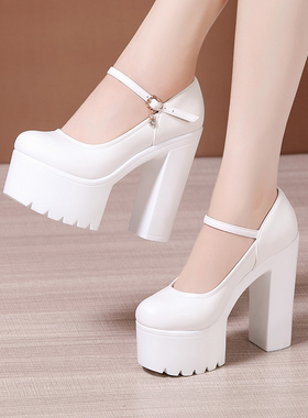 超高跟15ecm旗袍模特T台走秀鞋女厚底防水台圆头小码增高白色单鞋