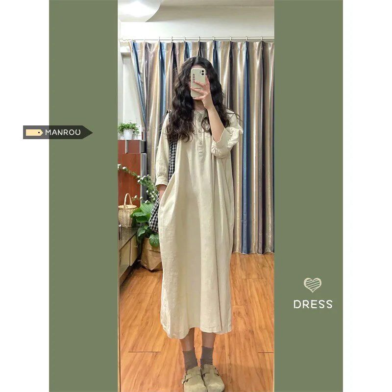 复古亚麻孕妇连衣裙春o夏季泡泡袖宽松慵懒风休闲长款大码女装裙