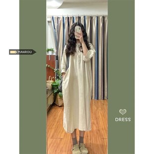 复古亚麻孕妇连衣裙春o夏季泡泡袖宽松慵懒风休闲长款大码女装裙