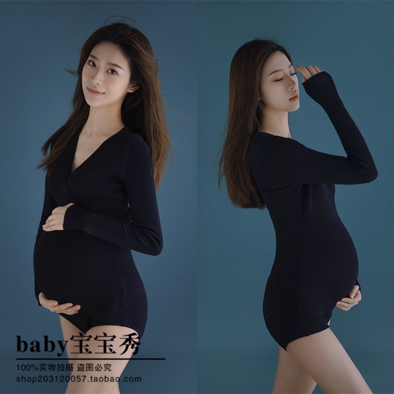 21孕妇新款写真摄影主题服装黑色针织卡其色艺术照针织.连体衣影