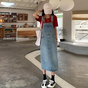 小个子孕妇裙开叉牛仔背带裙夏季裙子宽松显O瘦中长款连衣裙孕妇