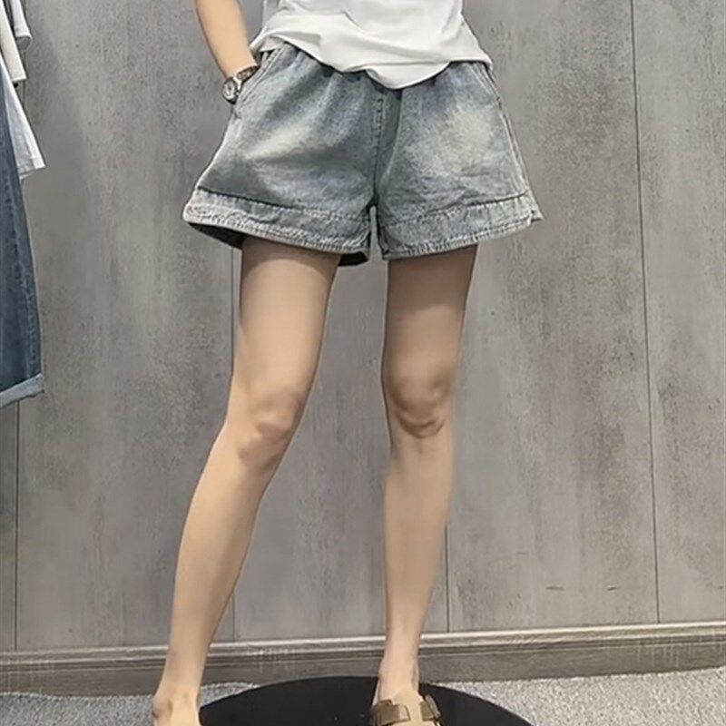 大码宽松胖妹妹牛仔短裤女2024年新款夏季薄款阔腿直筒松紧腰热裤