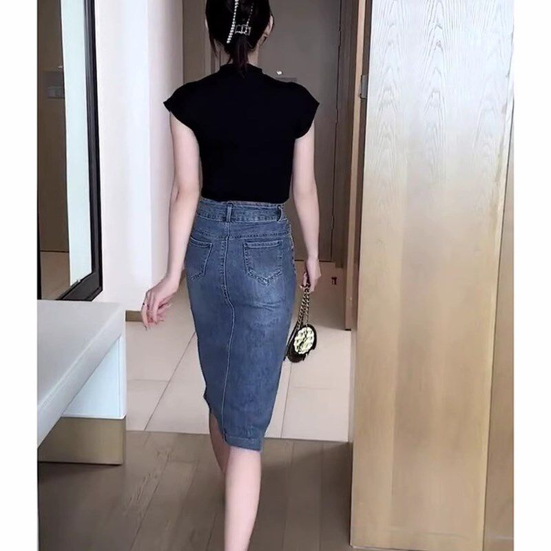 2024夏季搭配一整套女洋气针织衫设计感开叉牛仔半身裙气质套装潮