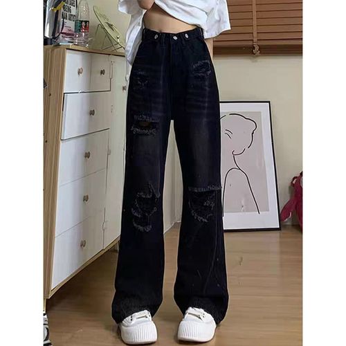 300斤大码女装黑色复古破洞牛仔裤女胖mm夏季裤子显瘦宽松阔腿裤