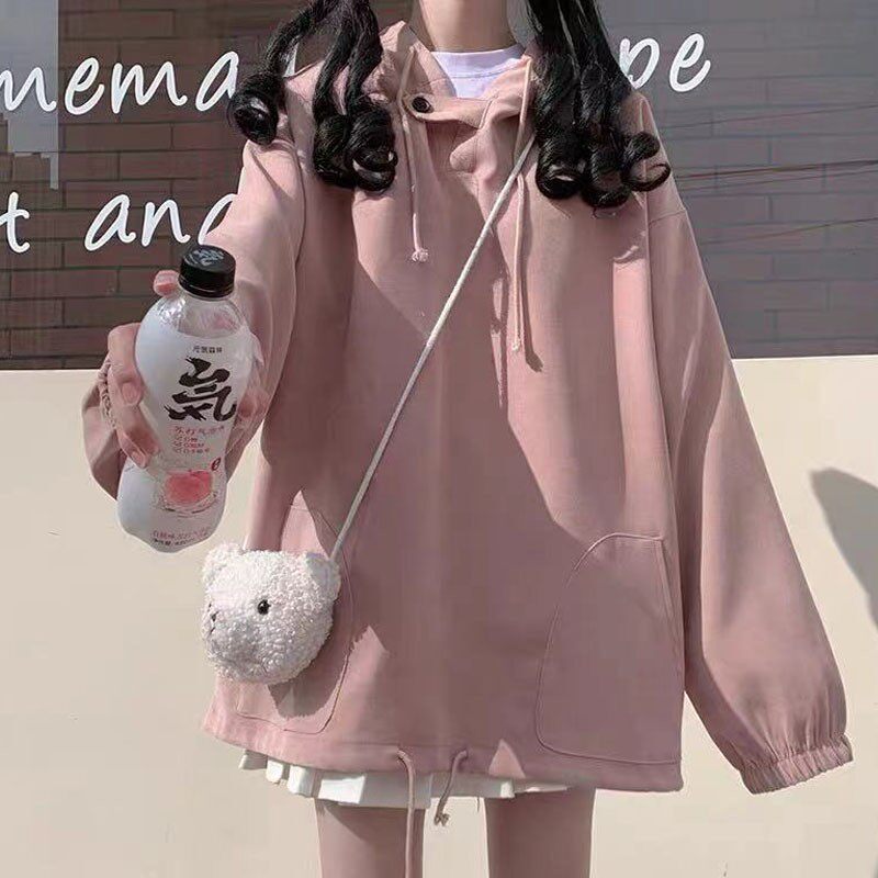 春秋粉色连帽卫衣女学生宽松外套小个子中长款秋冬季加厚加绒上衣