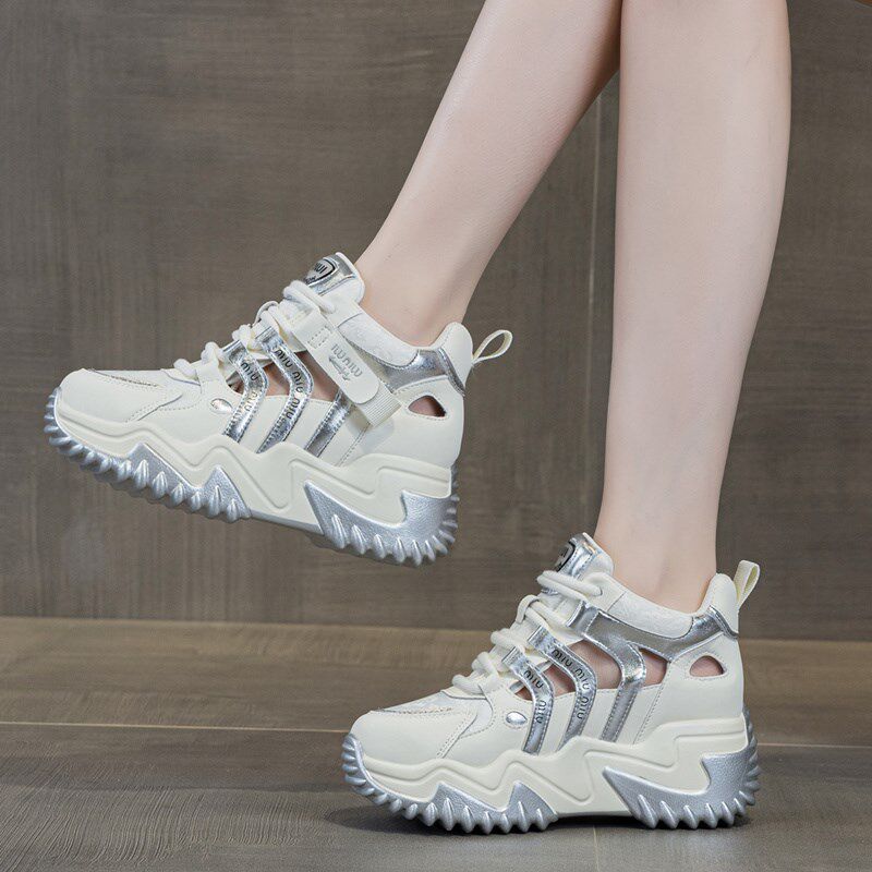 凉鞋女夏季镂空内增高女鞋8cm真皮小白鞋休闲运动鞋厚底老爹鞋子