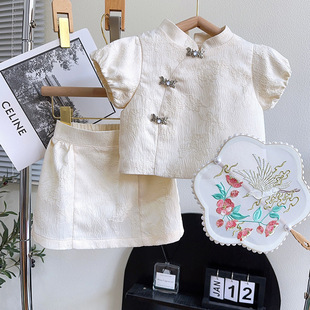 女童纯棉中式旗袍套装2023年夏季新款宝宝中国风提花半身裙两件套