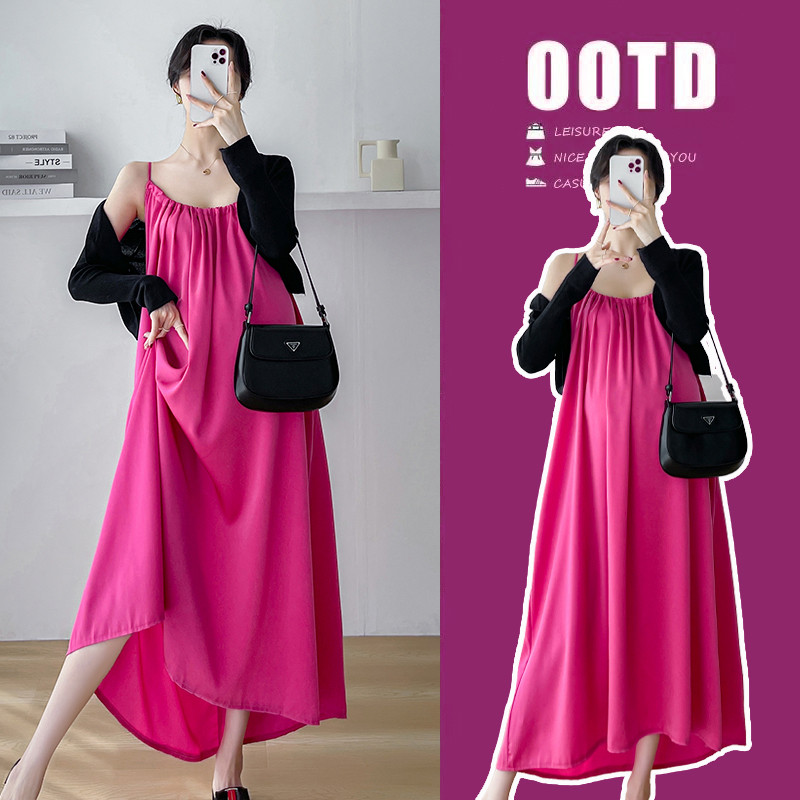 孕妇装春夏季新款连衣裙时尚休闲两件套玫红N吊带裙+黑色开衫套装