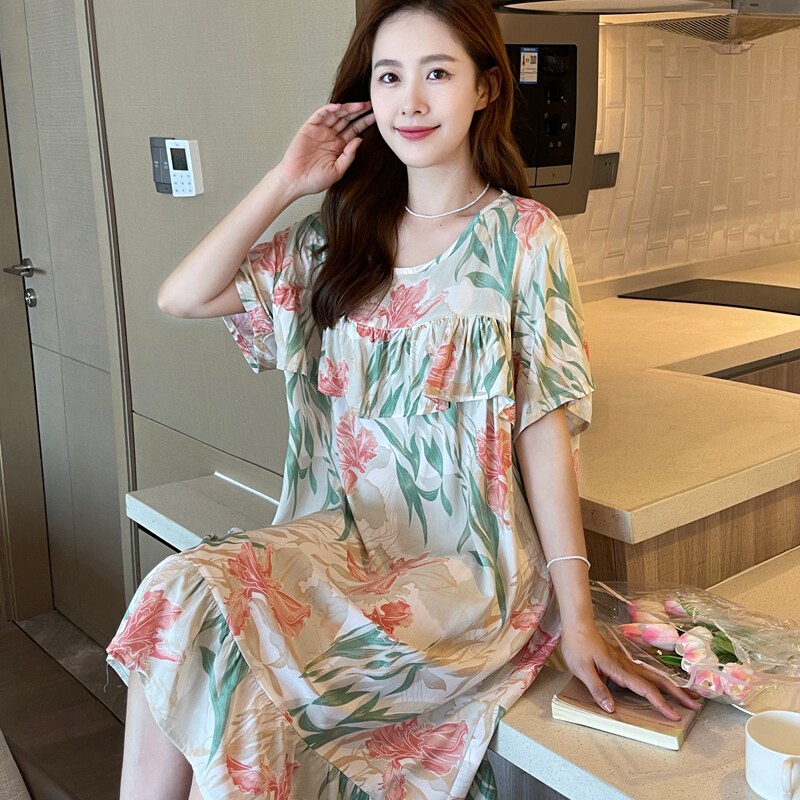 防凸点棉绸睡裙女夏短袖绵绸睡衣妈妈人造棉孕妇连衣裙小个子大码