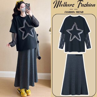 孕妇连衣裙套装春秋2025新款设计感G网纱拼接长袖上衣半身裙两件