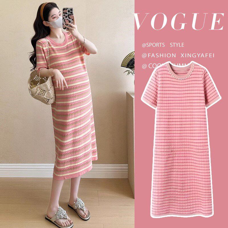 孕妇装夏连衣裙2025新款大码针织宽松中长款孕期洋气短袖夏季裙子