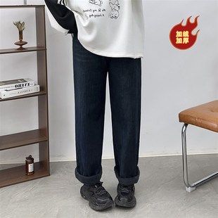 新款 宽松加绒显瘦老爹裤 大码 胖mm阔腿直筒牛仔裤 潮 女装 2024秋冬季