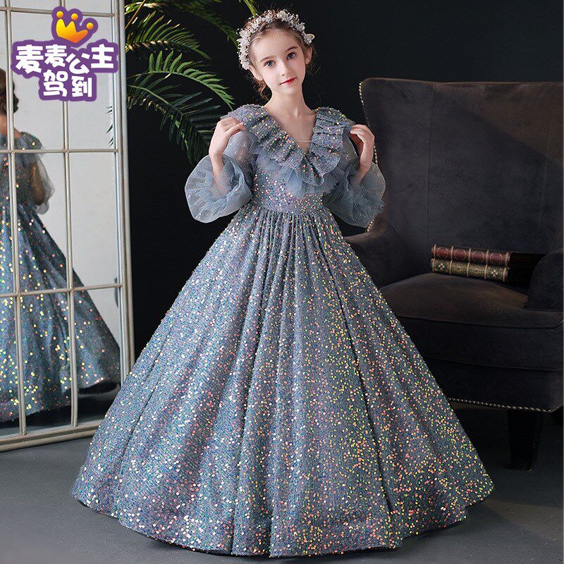 女童闪亮连衣裙儿童生日公主裙小女孩礼服蓝色网纱长裙高端演出服