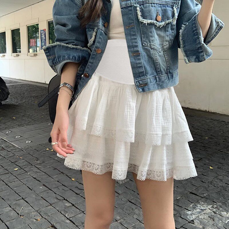 夏季花边蕾丝半身裙孕妇拼t接白色短裙宽松高腰网纱a字蛋糕裙子薄