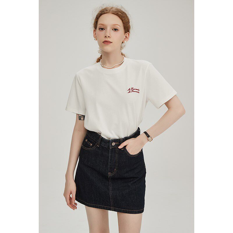 春也白 法式简约纯棉字母绣花短袖T恤女圆领刺绣正肩百搭上衣夏季