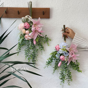 法式浪漫花束纯色系百合墙壁倒挂橱窗工艺品道具乔迁金钱叶假花