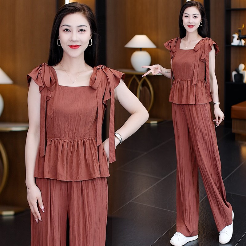 时尚阔腿裤两件套女夏季薄款2024洋气方领气质显瘦休闲时髦套装潮