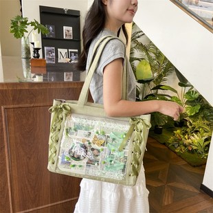 大食量蕾丝痛包单肩绿色系透明隔层谷F子大肠包丝带斜挎大容量挎