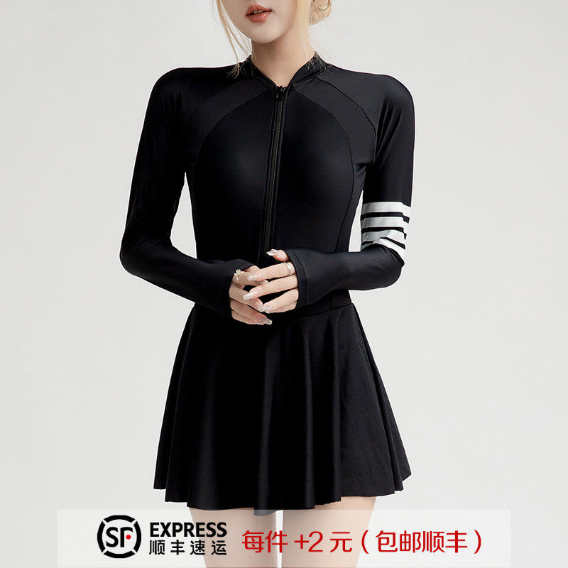 韩国ins泳f衣女长袖防晒裙式连体平角新款女士遮肚显瘦温泉游泳衣