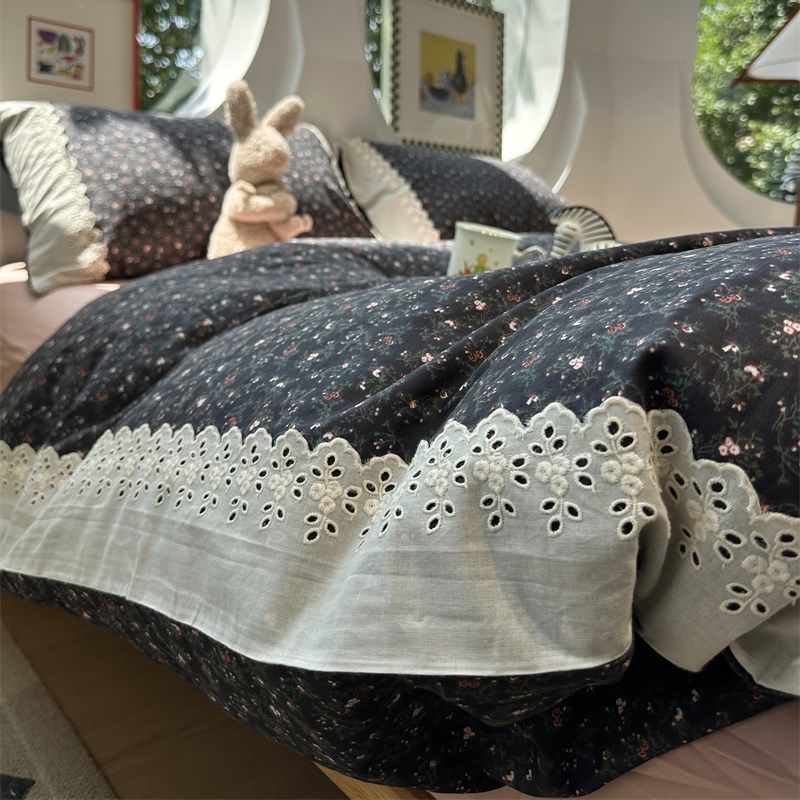 A类母婴级文艺黑色小碎花双层纱田园玫瑰纯棉四件套1.U5m1.8米全