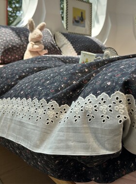 A类母婴级文艺黑色小碎花双层纱田园玫瑰纯棉四件套1.U5m1.8米全