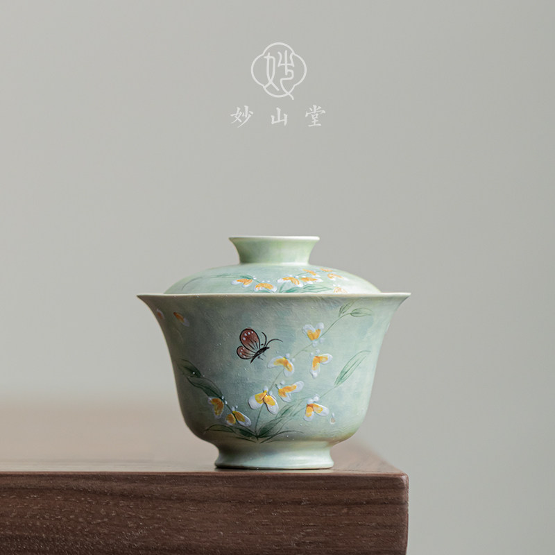 手绘文心兰二才盖碗茶杯小号不烫手陶瓷泡茶碗Q中式田园风茶具茶