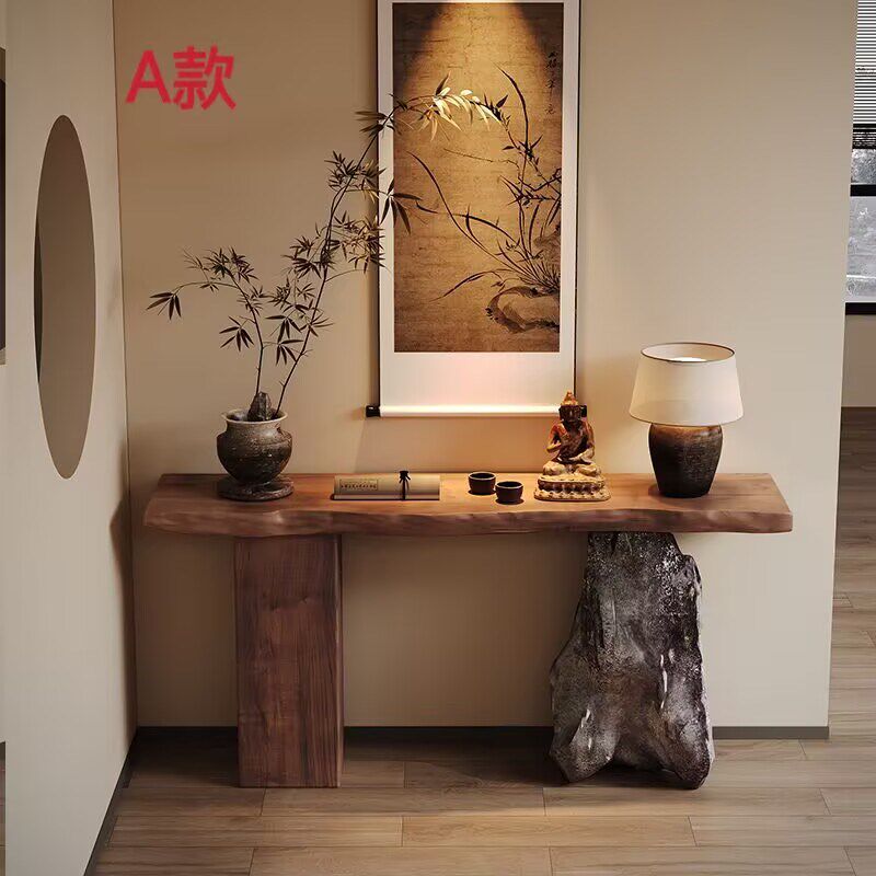 侘寂风原木自然边客厅玄关桌装饰条案端景台全P实木酒店民宿玄关