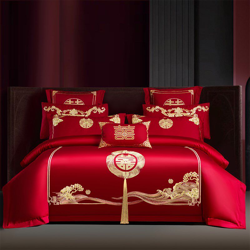 结婚四件套红色被套床单喜字刺绣被罩J新婚庆床上用品陪嫁婚房,床上用品,婚庆床品套件,淘宝优惠券,粉丝福利购,淘宝优惠卷