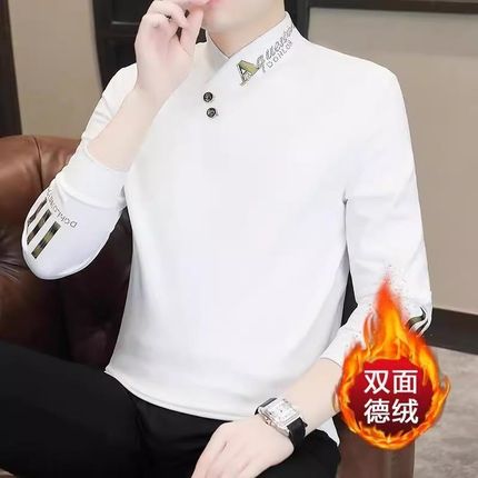欧版加绒保e暖卫衣男士秋冬季新款套头打底衫个性洋气叉领上衣高
