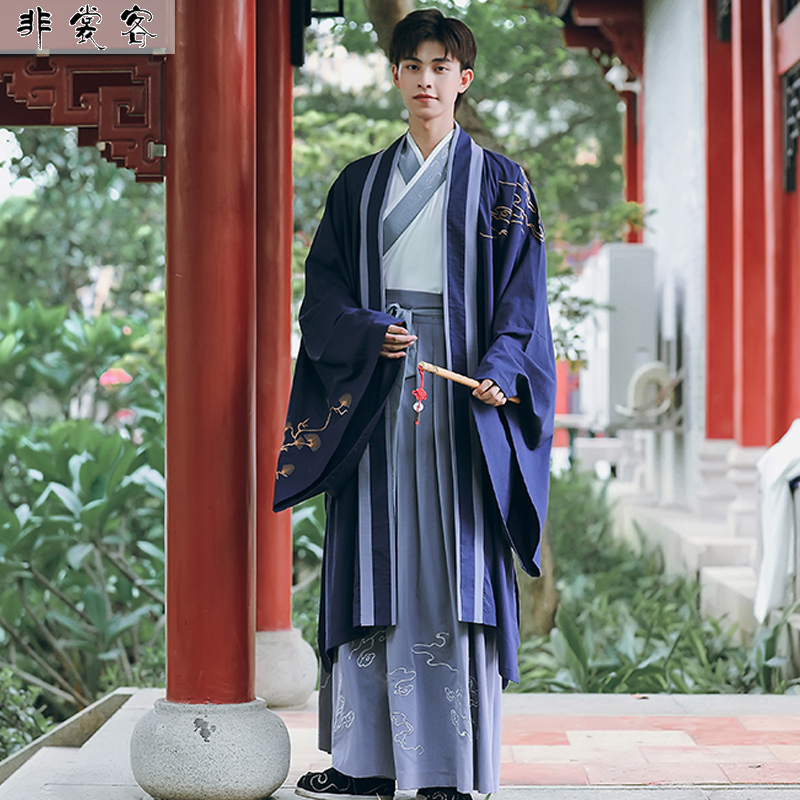 宋制刺绣对襟汉服大袖衫男古x装中国风成人衬衫配一片式马面裙套