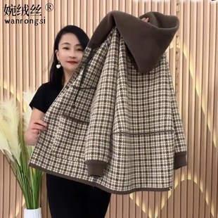 新款 秋冬季 e双面羊绒毛呢外套连帽格子宽松女士拉链中年外套上衣