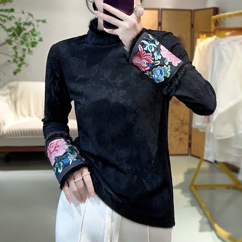 新中式女装唐装汉服国风r上衣旗袍秋冬重工刺绣小衫长袖内搭打底