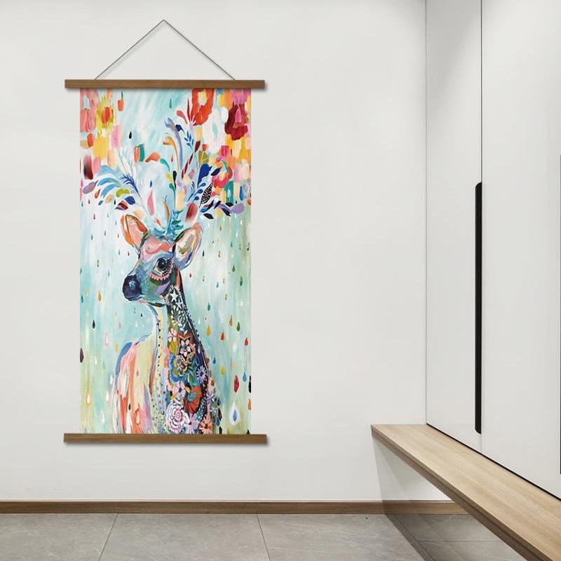 麋鹿北欧现c代风装饰画客厅玄关大尺寸木轴挂画走廊壁画背景墙挂图片